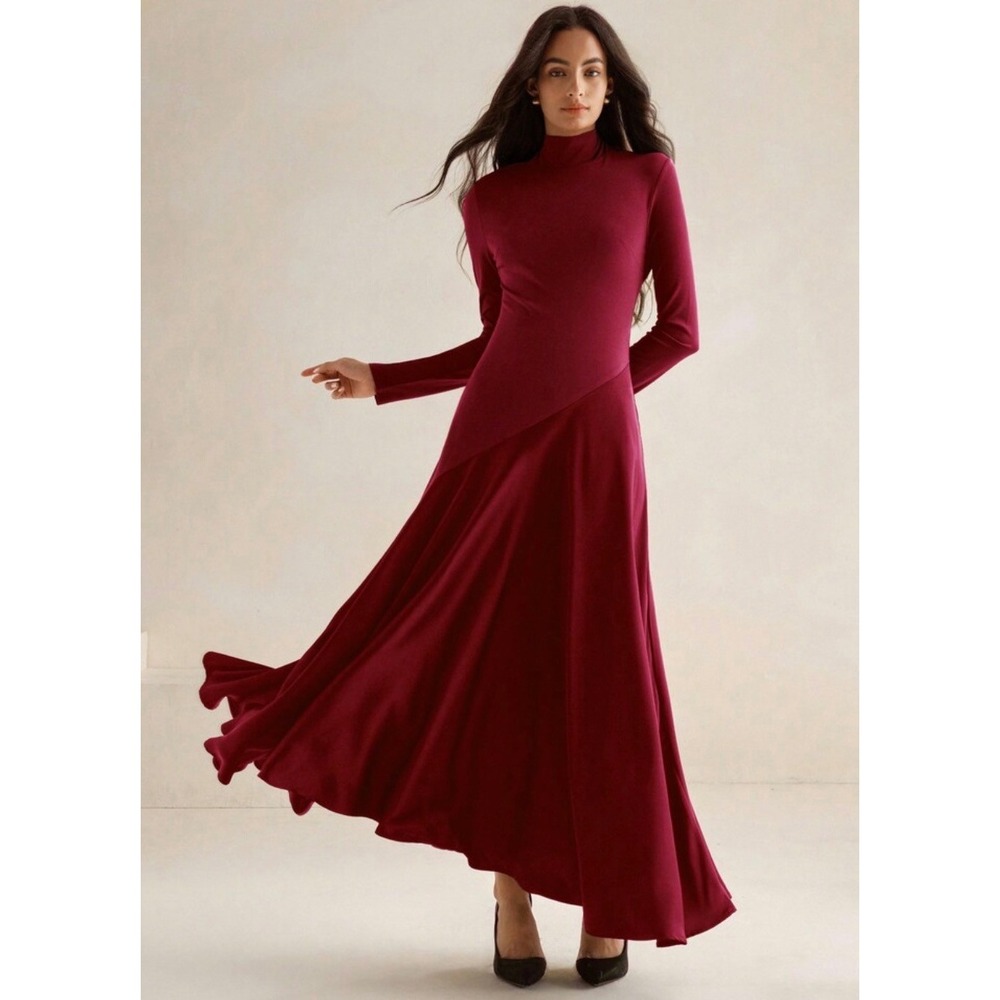 Anewsta Mock Neck Long Sleeve Maxi Dress Burgundy Wine Red Size 6 Medium